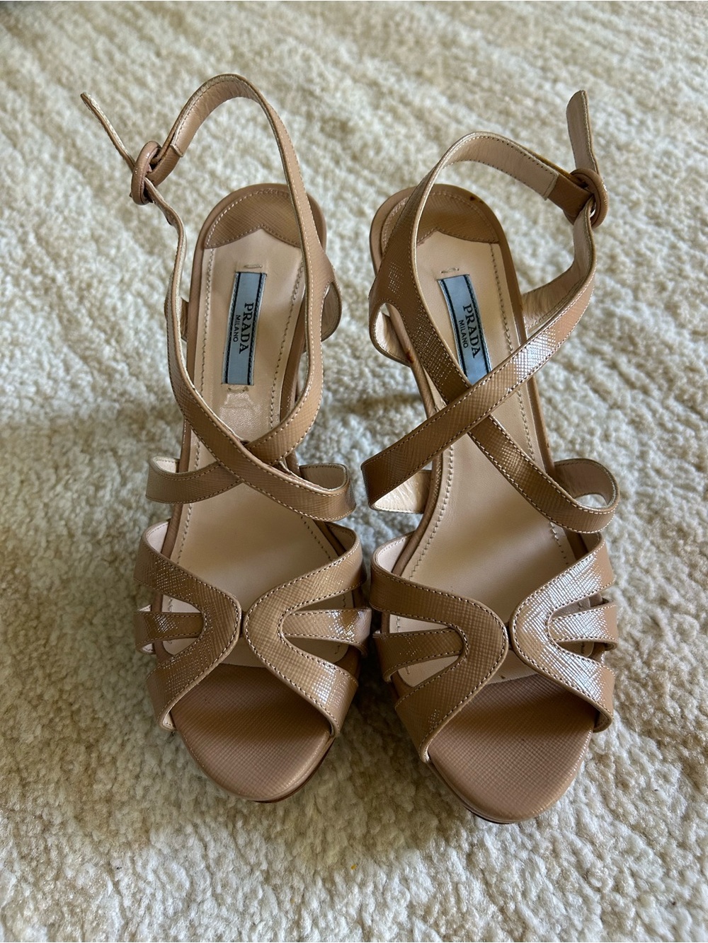 Prada Nude Patent Strappy Heels Size 38